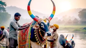 बैलों का स्नान और श्रृंगार