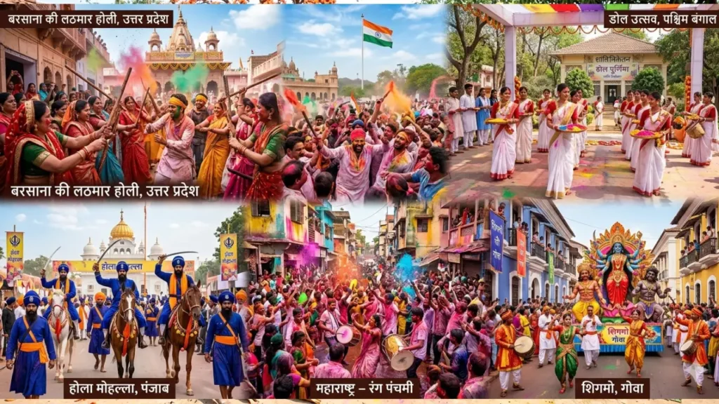 होली : 1 परंपरागत सद्भाव का रंगोत्सव होली : 1 परंपरागत सद्भाव का रंगोत्सव🌸 उत्तर प्रदेश – बरसाना की लठमार होली Barsana में महिलाएं पुरुषों को लाठी से प्रतीकात्मक रूप से मारती हैं। यह अनोखी परंपरा विश्व प्रसिद्ध है। 🌼 पश्चिम बंगाल – डोल उत्सव West Bengal में इसे डोल पूर्णिमा कहा जाता है। यहां शांति निकेतन में सांस्कृतिक कार्यक्रम होते हैं। 🎭 पंजाब – होला मोहल्ला Hola Mohalla में सिख समुदाय शौर्य प्रदर्शन और मार्शल आर्ट का आयोजन करता है। 🌺 महाराष्ट्र यहां रंग पंचमी अधिक लोकप्रिय है। 🌊 गोवा – शिगमो Shigmo के नाम से मनाया जाता है, जिसमें झांकियां निकलती हैं।
